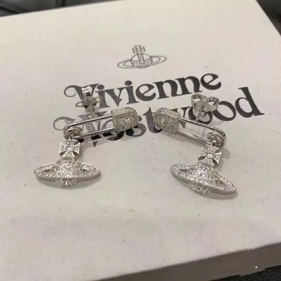 Vivienne Westwood Silver Tone Crystal Saturn Earrings Women Gift w/ Original Box