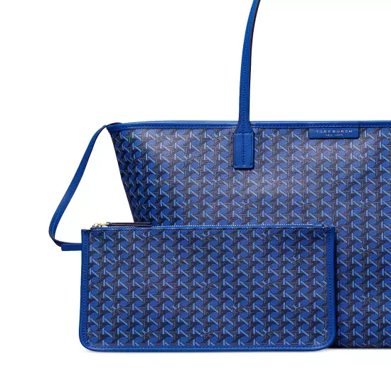 Tory Burch Ever Ready Basketweave Print Zip Tote Bag w/ Pouch ~NWT~ Blue