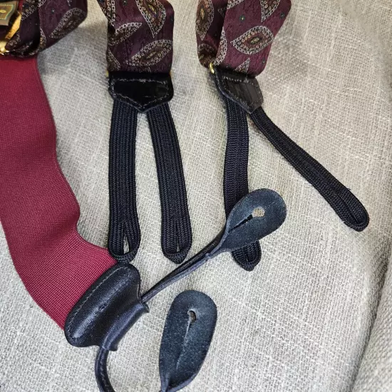 Trafalgar Braces Silk Burgundy Paisley W/Elastic And Leather Button Braces 48"L