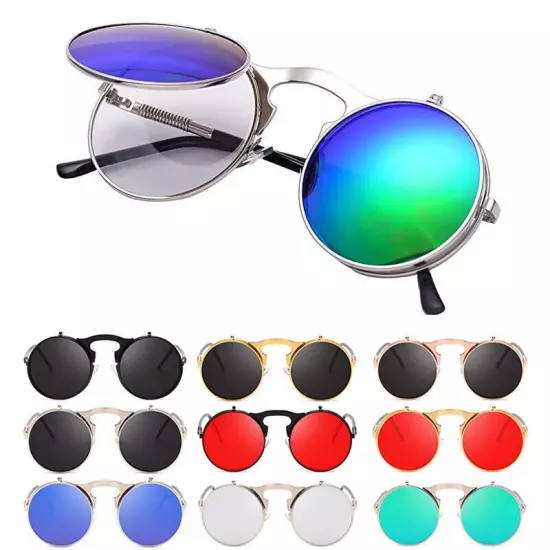 Round Metal Flip Up Sunglasses Retro John Lennon Circle Vintage Unisex Glasses