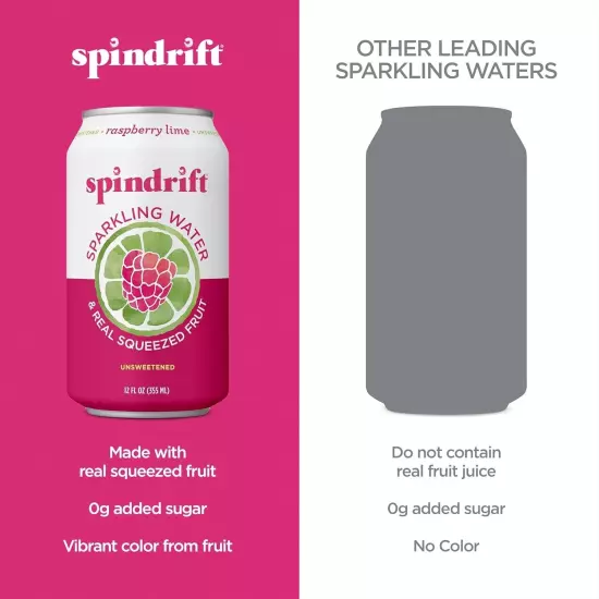 Spindrift Sparkling Water, Raspberry Lime Flavored, 12 Fl Oz Cans, Pack of 24