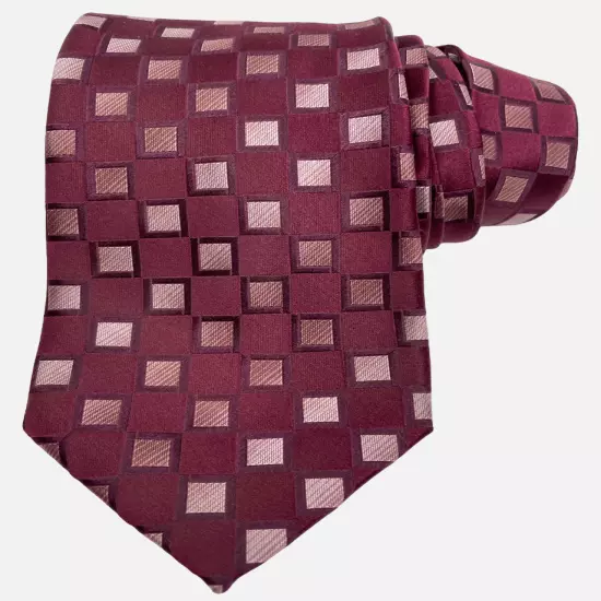 Kenneth Cole Reaction Burgundy Red Cube Checker Geometric Silk Tie 3.5" x 58"