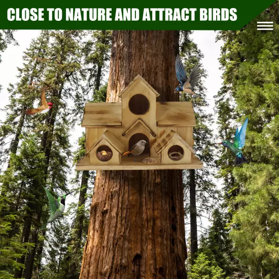 Bird House with 6 Holes Handmade Wooden Birdhouse Hanging Bird Nesting Box._