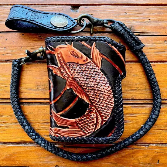 Right Handed Chain Wallet 3/4 size motorcycle Devil tooled engraved Leather