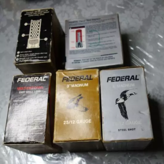 FIVE VTG FEDERAL CLASSIC AND HI -SPEED AMMNO BOXS