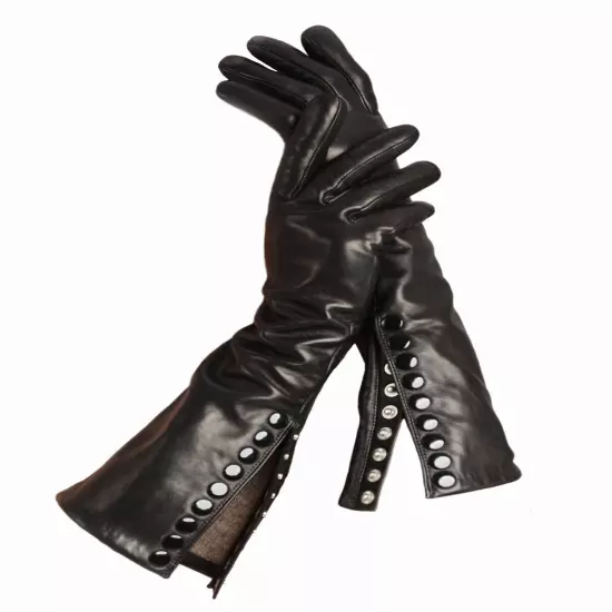 Women Real Top Italy Leather Evening Elbow Long Metal Buttons Gloves In Black