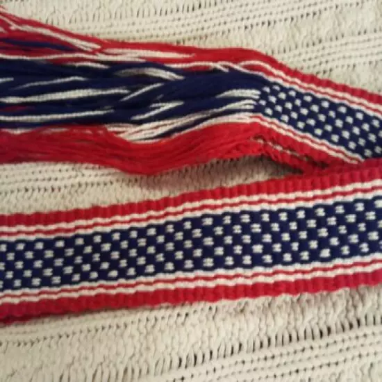 Item20192436 Powder horn strap belt red, white, blue cotton 39" long x 1 5/8"