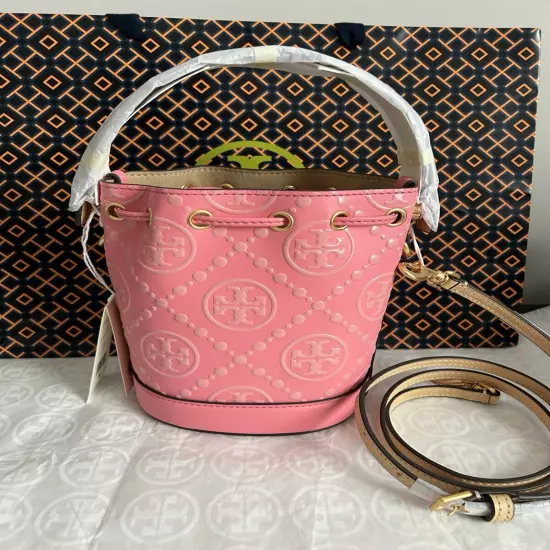 Tory Burch T Monogram Contrast Embossed Mini Bucket Bag Crossbody Bag Rose Pink