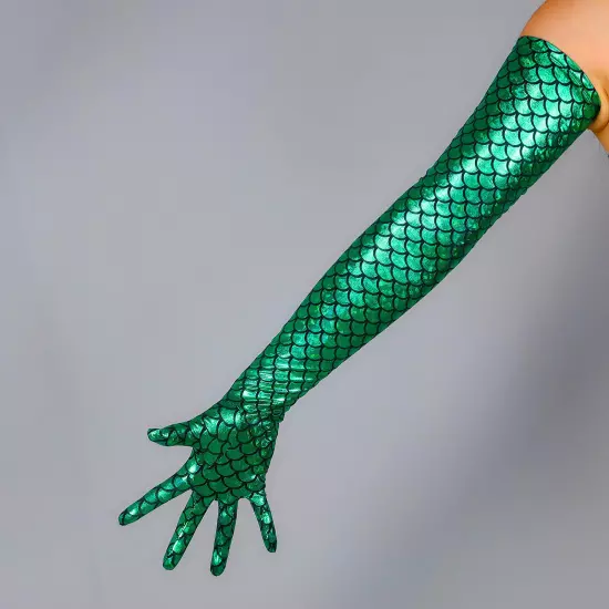 MERMAID GLOVES 28" 70cm Extra Long Shine Green Holographic Fish Scale FITTED