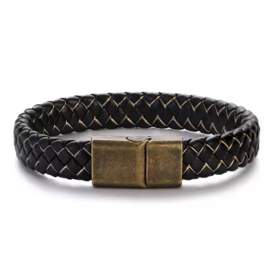 Genuine Leather Braided Bracelet Magnetic Buckle Band Men Stainless Steel Bangle