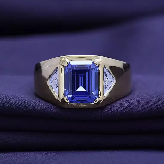 14K Gold Plated Simulated Blue Sapphire Diamond Accent Ring For Mens