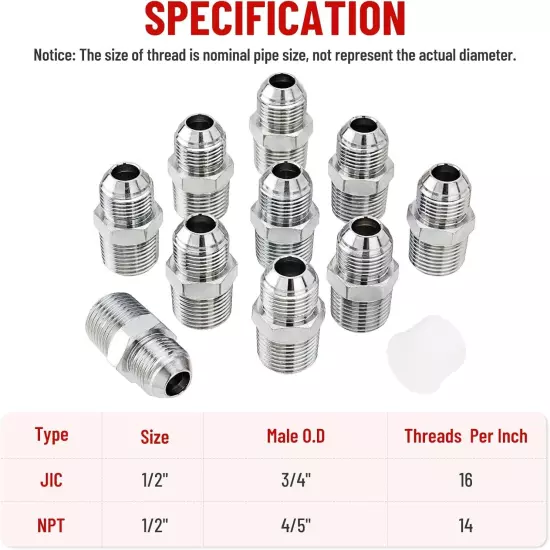 Heavy Duty Hydraulic Hose Adapter Fittings: 1/2" JIC 37° Male x 1/2" NPT Male 10