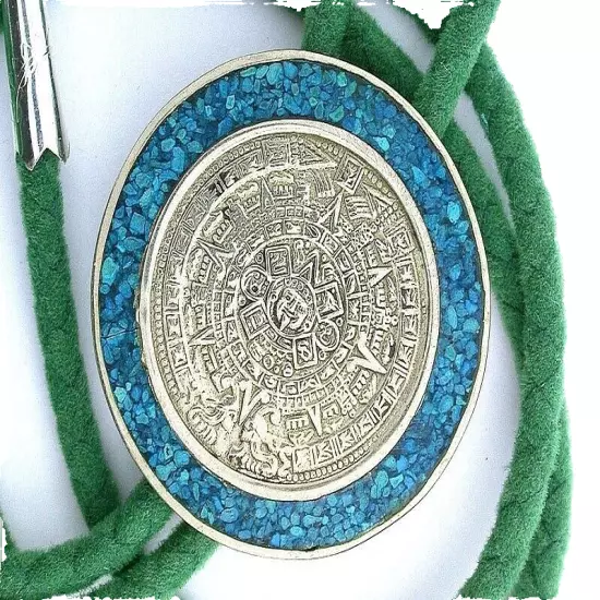 VINTAGE STERLING TURQUOISE INLAY AZTEC MYAN CALENDAR SUN DIAL BOLO TIE CORD TIPS