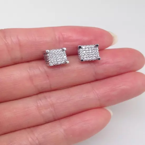 Men's 925 Sterling Silver Cz Square Cube Stud Earrings 7mm x4.5mm Screw Back