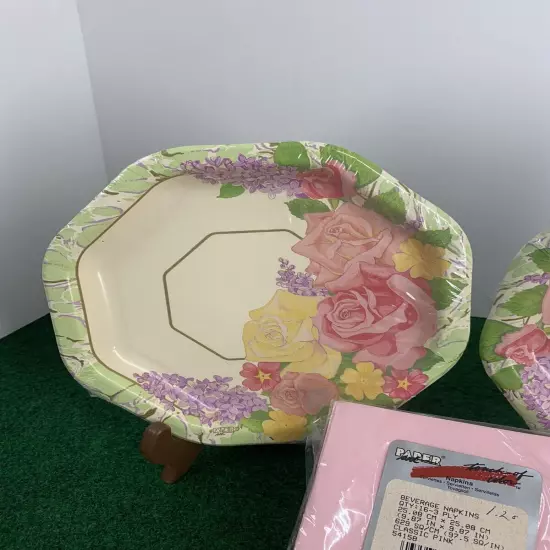 Vintage Paper Art Floral Plates-16 Total With Classic Pink Napkins-16(3ply)USA