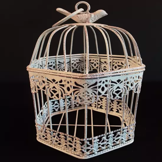 Vintage Look Metal Bird Cage Intricate Cut-Outs Bird On Top Opens At Top