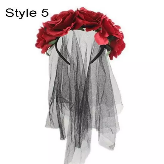 Ladies Mexican Day Of The Dead Black Veil Rose Headband Halloween Headpiece