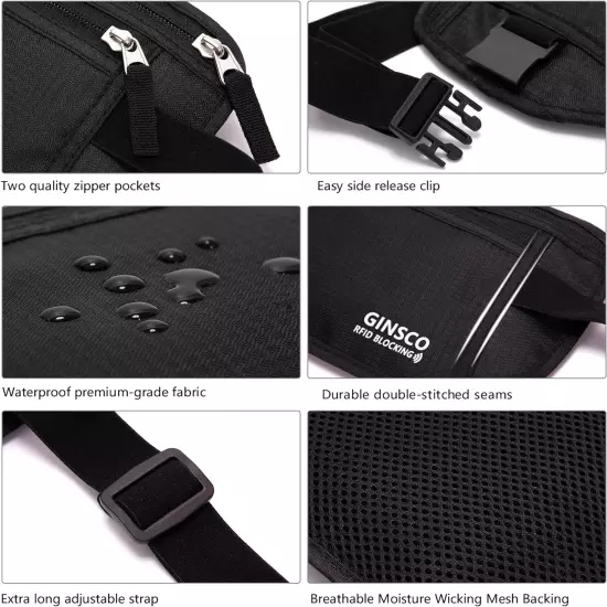 Black Hidden Money Belt For Travel Shopping RFID Blocking Passport Holder 11"