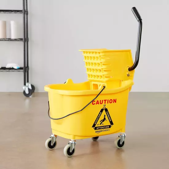 Side Press Wringer Combo Commercial Rectangular Mop Bucket on Wheels, 35-Quart,