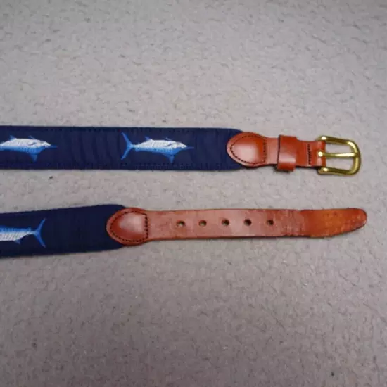 Leather Man Belt Sz 30 Blue Cotton Marlin Fishing Print Leather Brass Buckle