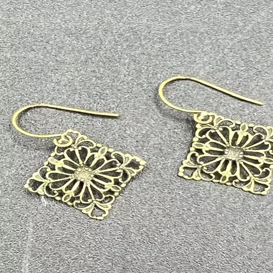 Copper Tone Fish Hook Earrings Diamond Shape Filigree 