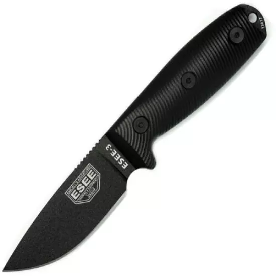 ESEE Model 3 Fixed Blade Knife Black G10 Handle Plain Black Blade 3PMB001