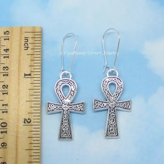 Hieroglyphs Ankh Earrings Antique Silver Tone 02044 Egyptian Cross