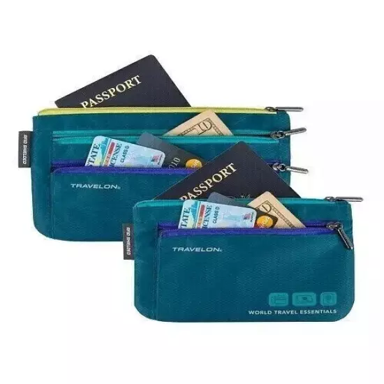 New Travelon Currency and Passport Organizer Set of 2 Teal Nylon Travel Pouch