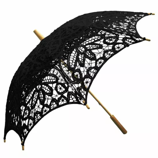 Willow Tree Cotton Battenburg Lace Wedding Parasol Black