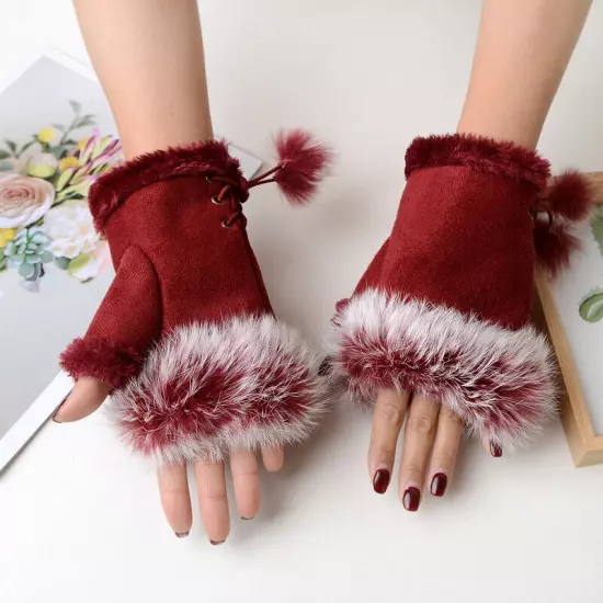 Womens Winter Warmer Fingerless Gloves Faux Rabbit Fur Suede Wrist Solid Mittenღ