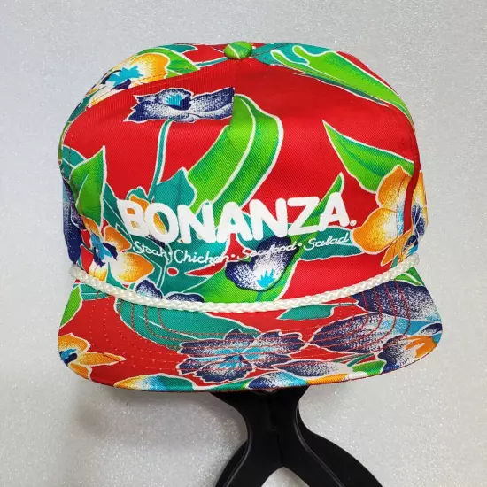 RARE Bonanza Steak House Trucker Hat Cap Snapback All Over Colorful Floral Rope