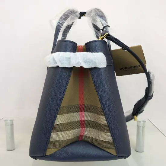 $1790 BURBERRY MD BANNER REGENCY BLUE LEATHER CHECK SHOULDER MEDIUM TOTE BAG