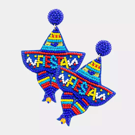 Blue Fiestas Message Felt Back Beaded Hat Dangle Earrings