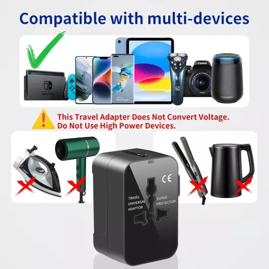 Universal Travel Adapter, International Plug Adapter with 2 USB Ports (1 USB C),