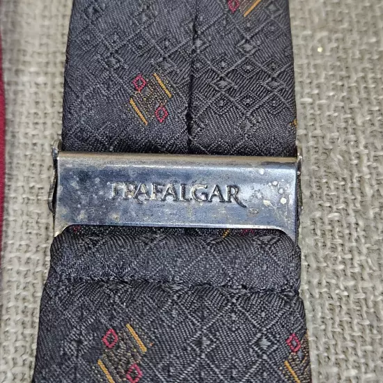 Trafalgar Silk Gray W/ Geometric Mustard And Red. Leather Button Braces. Tarnish