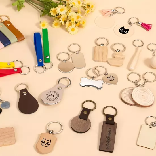 110 PCS Laser Engraving Keychain Blanks, Wooden Keychains Leather Keychains E...