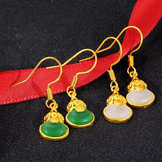 Natural Jade Gourd Earrings Real Jewelry 18K Gold Plated Talismans Amulet Charm