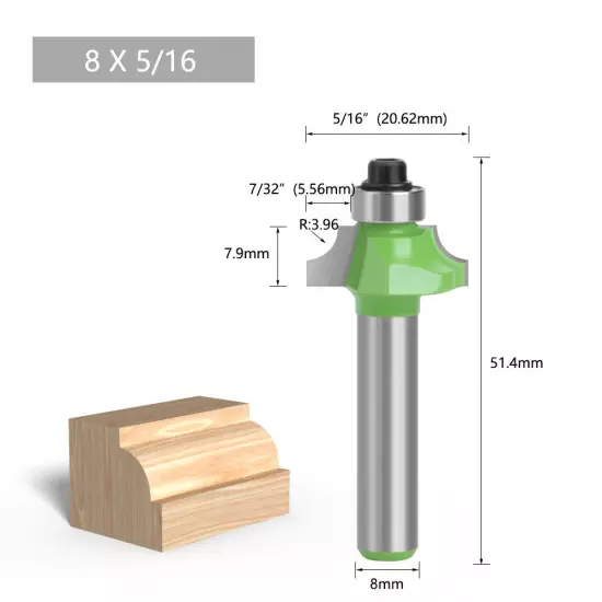 8mm Shank Round Over Edge Profile Router Bit, 2.25-12.7mm Radius 1PC/10PCS GREEN