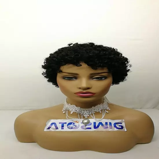 Short Black Afro Curly Human Hair For Women Machine Made None Lace Full Wig Sexy