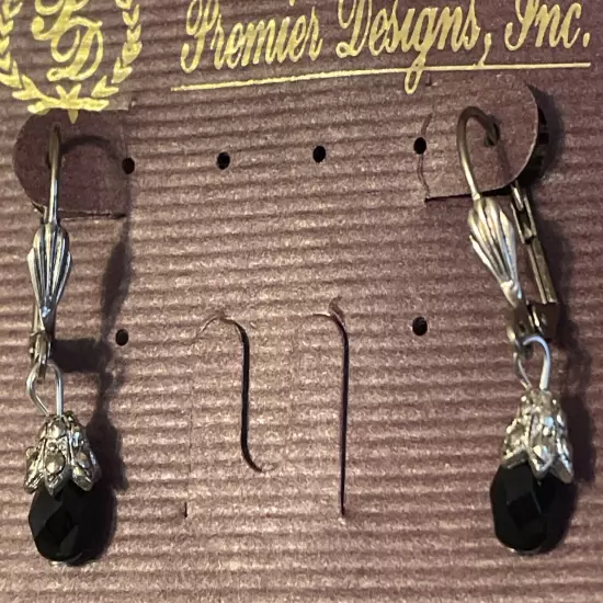 Premier Designs Black Faceted Dangle Leverback Silver Tone Earrings ~1 1/4"