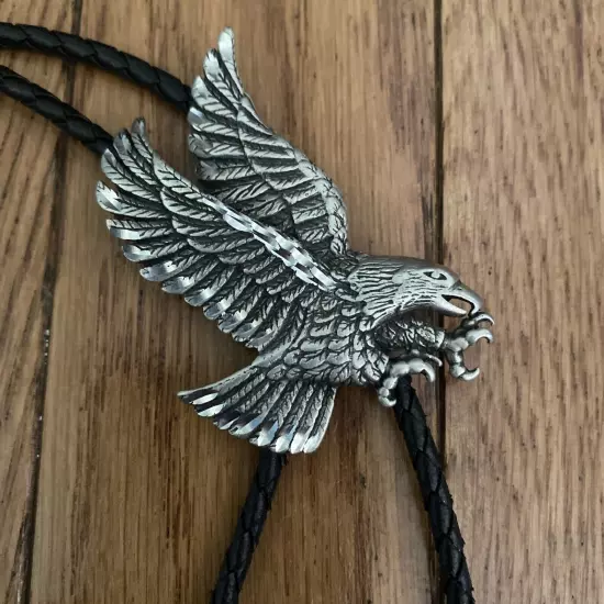 Vintage Pewter Flying Eagle Lariat Braided Western Necklace 1999