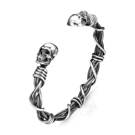 925 Sterling Silver Handmade Men's Adjustable Barbed Wire Skull Cuff Bracelet