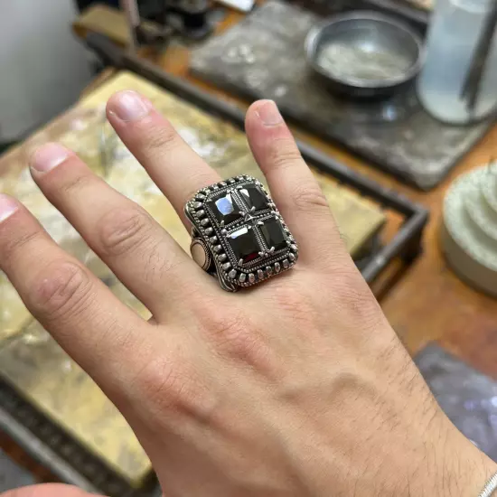 Men Silver Black Onyx Ring , Large Square Handmade Men Sterling Silver Ring