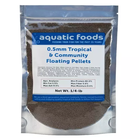 0.5mm Tropical & Community Floating Pellets for Tetras, Guppies, & Platys. WL