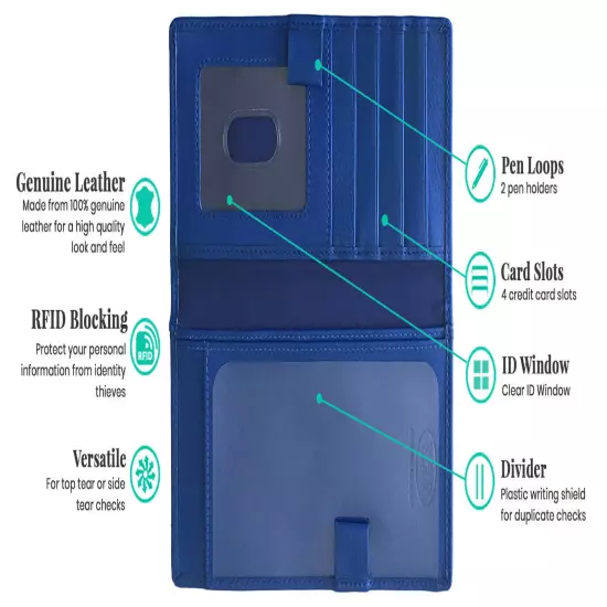 RFID Leather Checkbook Cover With Credit Card Slots and Pen Holder