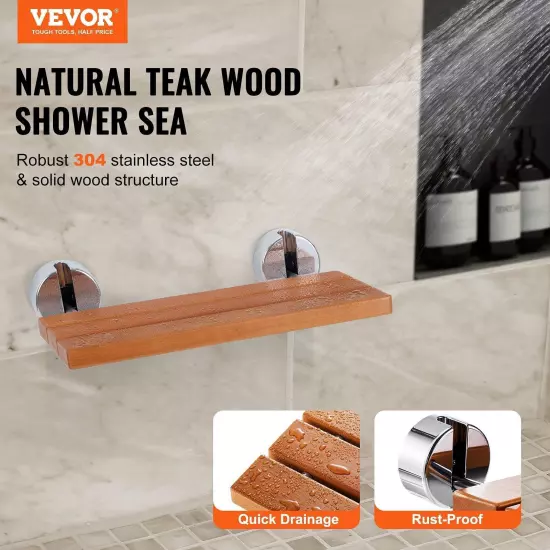 VEVOR Folding Teak Shower Seat, 20.1" x 13.2" Unfolded, Wall Mounted Fold Up Sh