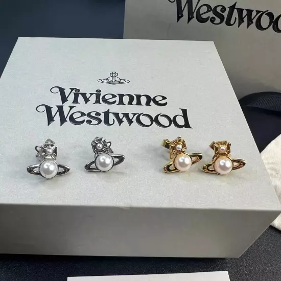 1Pair Vivienne Westwood Mini Pearl Saturn Orb Earrings Ear Stud w/ Packaging Box