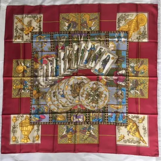 HERMÈS Scarf Carres 90 Wine Red Gold Silk Tarot Cards Women France