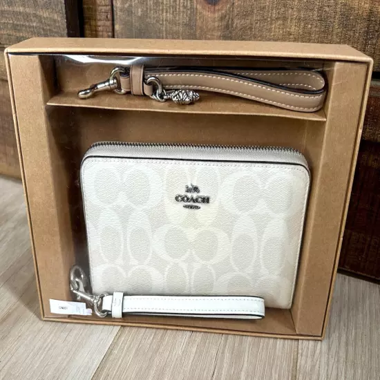 NEW Coach Long Zip Around Wallet in Chalk/Signature/Glacier White #CN051 NIB