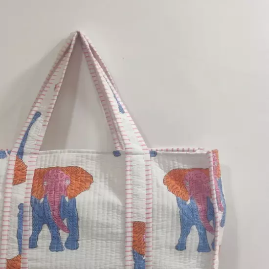 Women Quilted Elephant Printed Tote Bag shoulder Shopping Carry Bag Grocery Bag